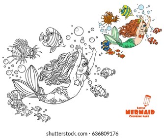 The beautiful girl the mermaid floats having extended hands forward coloring page on white background