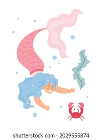 Beautiful girl mermaid with long blue hair and pink tail swimming underwater. Mythical cute marine princess in sea or ocean world. Flat cartoon vector illustration isolated on white