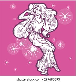 Beautiful girl with mirror. Zodiac sign - Virgo. Vector Illustration. White silhouette. Pink background.