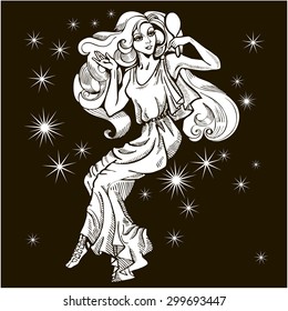 Beautiful girl with mirror. Zodiac sign - Virgo. Vector Illustration. White silhouette. Black background