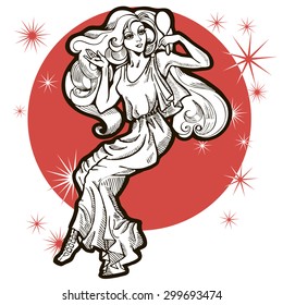 Beautiful girl with mirror. Zodiac sign - Virgo. Vector Illustration. Black and white image, red circle.