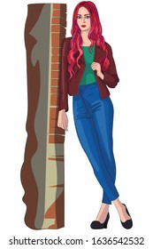 A beautiful girl of model appearance with red hair is standing next to a brick wall. Isolated vector image on a white background.