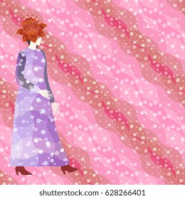Beautiful girl model, dress, shoues, red floral hat, pink polka dot wave background. Colorful vector design. Illustration for fashion of week.