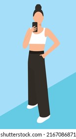Beautiful girl model posing, vector illustration. Empty face. Face without eyes, nose, mouth, eyebrows.