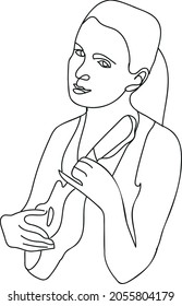 Beautiful girl musician with ukulele. Single line drawing. Black and white portrait of woman with ukulele. Girl with hawaiian guitar. Female guitarist hand drawn quick sketch. Trendy one line art.  