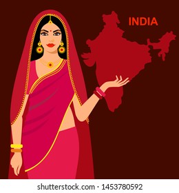 beautiful girl in national dress on a background map of India.  An Indian woman wearing a traditional. Indian Lady Greeting