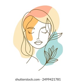 Beautiful Girl with Nature Botanical Foliage Fresh Plant for Natural Beauty Care in Line Art Style