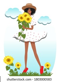 Beautiful girl in nature with sunflowers in her hands