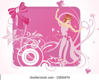 beautiful girl in a nice dress with floral background, pink wallpaper
