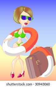 Beautiful girl on the beach with lifebuoys and suitcase