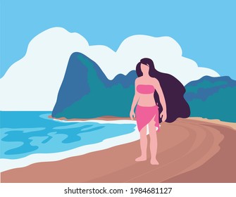 Beautiful Girl on Beach Sea and mountain background vector illustration
