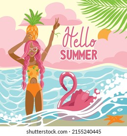 Beautiful girl on the beach at sunset. Beach party. Happy summer. Vector illustration.