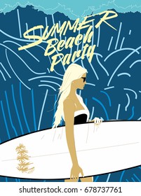 Beautiful girl on the beach with surfboard. Invitation to beach party