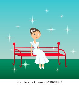 Beautiful girl on the bench. Bride in white dress sitting on red bench. Bride in flat style - vector illustration. Wedding invitation card.