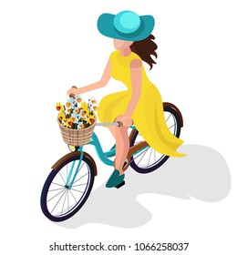 beautiful girl on a bicycle with a basket of flowers. isometry 3d