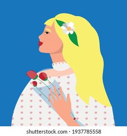 Beautiful girl on a blue background. A girl with flowers. The bride with a bouquet. Vector illustration for a greeting card. Blonde in a white dress