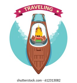 Beautiful girl on a boat. Sea adventure. Vector illustration