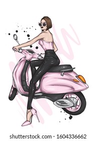 Beautiful girl on a cool motorcycle. Biker. Stylish woman in glasses and high heel shoes. Fashion and style, clothes and accessories. Vector illustration for a card or poster.
