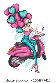 Beautiful girl on a cool motorcycle. Biker. Stylish woman in glasses and high heel shoes. Fashion and style, clothes and accessories. Vector illustration for a card or poster.
