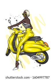 Beautiful girl on a cool motorcycle. Biker. Stylish woman in glasses and high heel shoes. Fashion and style, clothes and accessories. Vector illustration for a card or poster.

