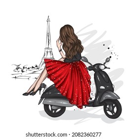 Beautiful girl on a cool motorcycle. Biker. Stylish woman in glasses and high heel shoes. Fashion and style, clothes and accessories. Vector illustration for a card or poster.
