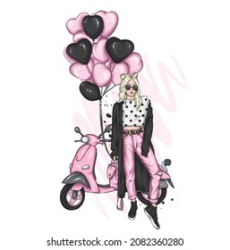 Beautiful girl on a cool motorcycle. Biker. Stylish woman in glasses and high heel shoes. Fashion and style, clothes and accessories. Vector illustration for a card or poster.
