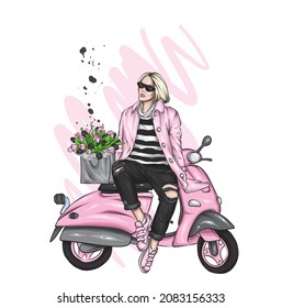 Beautiful girl on a cool motorcycle. Biker. Stylish woman in glasses and high heel shoes. Fashion and style, clothes and accessories. Vector illustration for a card or poster.
