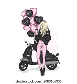 Beautiful girl on a cool motorcycle. Biker. Stylish woman in glasses and high heel shoes. Fashion and style, clothes and accessories. Vector illustration for a card or poster.
