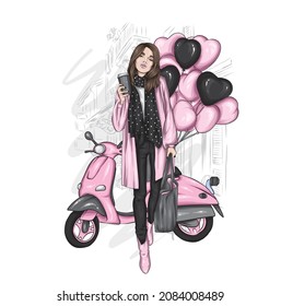 Beautiful girl on a cool motorcycle. Biker. Stylish woman in glasses and high heel shoes. Fashion and style, clothes and accessories. Vector illustration for a card or poster.
