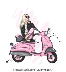 Schönes Mädchen auf einem coolen Motorrad. Fahrrad. Stilvolle Frau in Gläsern und High-Ferse-Schuhen. Mode und Stil, Kleidung und Accessoires. Vektorgrafik für eine Karte oder ein Poster.
