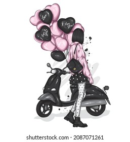 
Beautiful girl on a cool motorcycle. Biker. Stylish woman in glasses and high heel shoes. Fashion and style, clothes and accessories. Vector illustration for a card or poster.