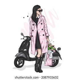 Beautiful girl on a cool motorcycle. Biker. Stylish woman. Fashion and style, clothes and accessories. Vector illustration for a card or poster.
