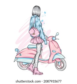 Beautiful girl on a cool motorcycle. Biker. Stylish woman. Fashion and style, clothes and accessories. Vector illustration for a card or poster.
