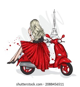 Beautiful girl on a cool motorcycle. Biker. Stylish woman in glasses and high heel shoes. Fashion and style, clothes and accessories. Vector illustration for a card or poster.