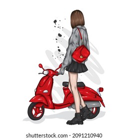 Beautiful girl on a cool motorcycle. Biker. Stylish woman in glasses and high heel shoes. Fashion and style, clothes and accessories. Vector illustration for a card or poster.