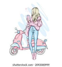 Beautiful girl on a cool motorcycle. Biker. Stylish woman in glasses and high heel shoes. Fashion and style, clothes and accessories. Vector illustration for a card or poster.