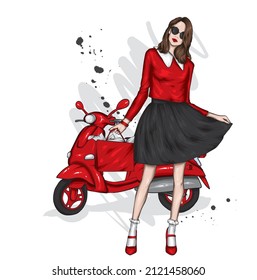 Beautiful girl on a cool motorcycle. Biker. Stylish woman in glasses and high heel shoes. Fashion and style, clothes and accessories. Vector illustration for a card or poster.
