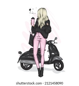 Beautiful girl on a cool motorcycle. Biker. Stylish woman in glasses and high heel shoes. Fashion and style, clothes and accessories. Vector illustration for a card or poster.
