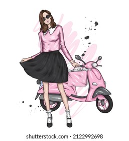 Beautiful girl on a cool motorcycle. Biker. Stylish woman in glasses and high heel shoes. Fashion and style, clothes and accessories. Vector illustration for a card or poster.
