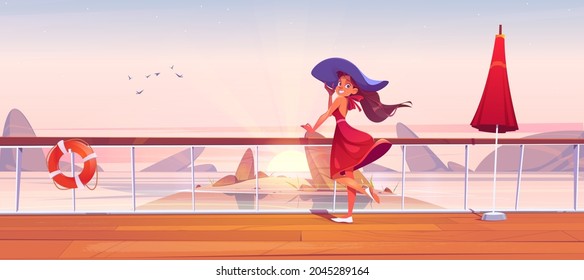 Beautiful girl on cruise ship deck or embankment with rail, umbrella and lifebuoy. Vector cartoon landscape of sea with rocks, rising sun and woman in hat on wooden boat deck or quay with railing