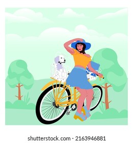 Beautiful girl on cycle with her dog vector illustration.