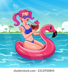 Beautiful girl on a flamingo swimming ring drinks a cocktail from a straw. Vector cartoon illustration for summer event. Summer landscape illustration with sea and palm trees