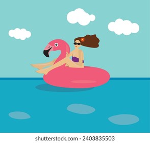 Beautiful girl on an inflatable circle in the form of a flamingo on the sea. Beautiful woman on vacation at sea. Flat illustration. Vector
