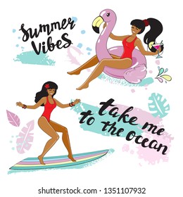 Beautiful girl on an inflatable flamingo and girl on surfboard