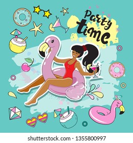 Beautiful girl on an inflatable flamingo with summer items and the inscription party time
