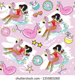 Beautiful girl on an inflatable flamingo with summer items seamless pattern on a pink background