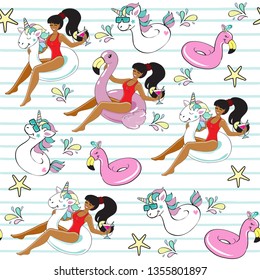 Beautiful girl on an inflatable flamingo and girl on an inflatable unicorn seamless pattern