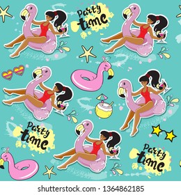 Beautiful girl on an inflatable flamingo with summer items seamless pattern