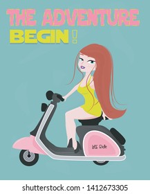 Beautiful girl on pink scooter - vector 