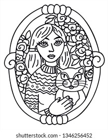 Beautiful girl on a portrait with her black cat. Black and white vector for card or gift, for coloring. 